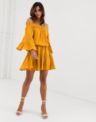 mustard off the shoulder dress