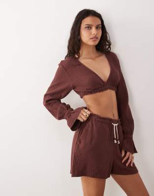 ASOS DESIGN off shoulder top co-ord in cheesecloth in plum