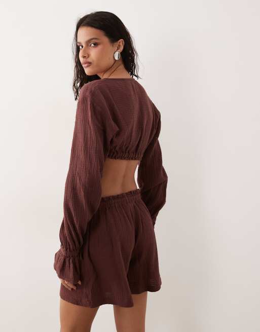 ASOS DESIGN off shoulder top co-ord in cheesecloth in plum, 3 of 4