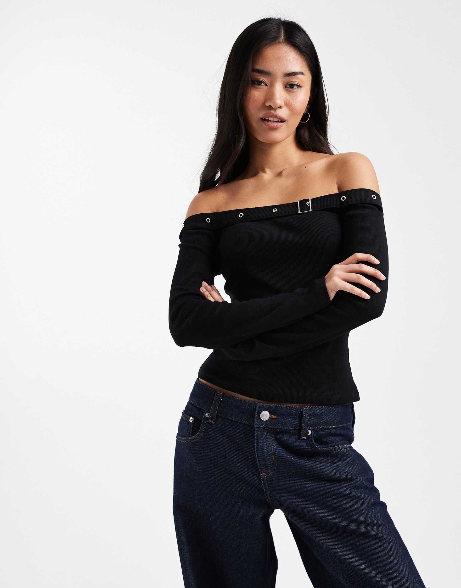 asos design off-shoulder top with buckle detail in black