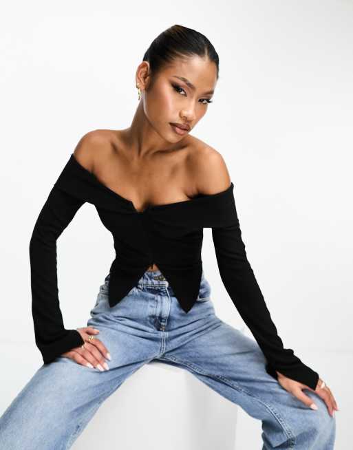 Black off the discount shoulder top v neck