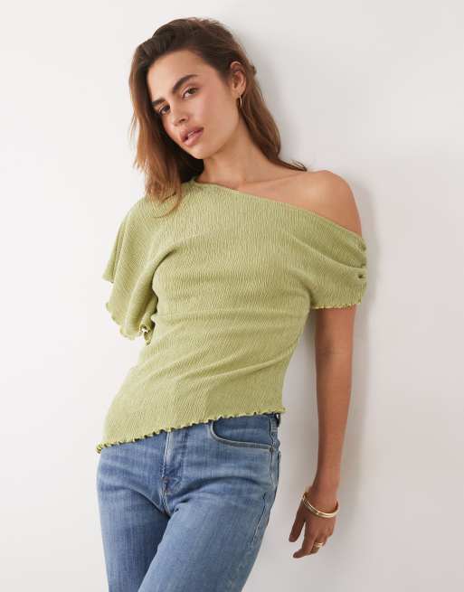 ASOS DESIGN off shoulder top with frill detail in green, 3 of 4