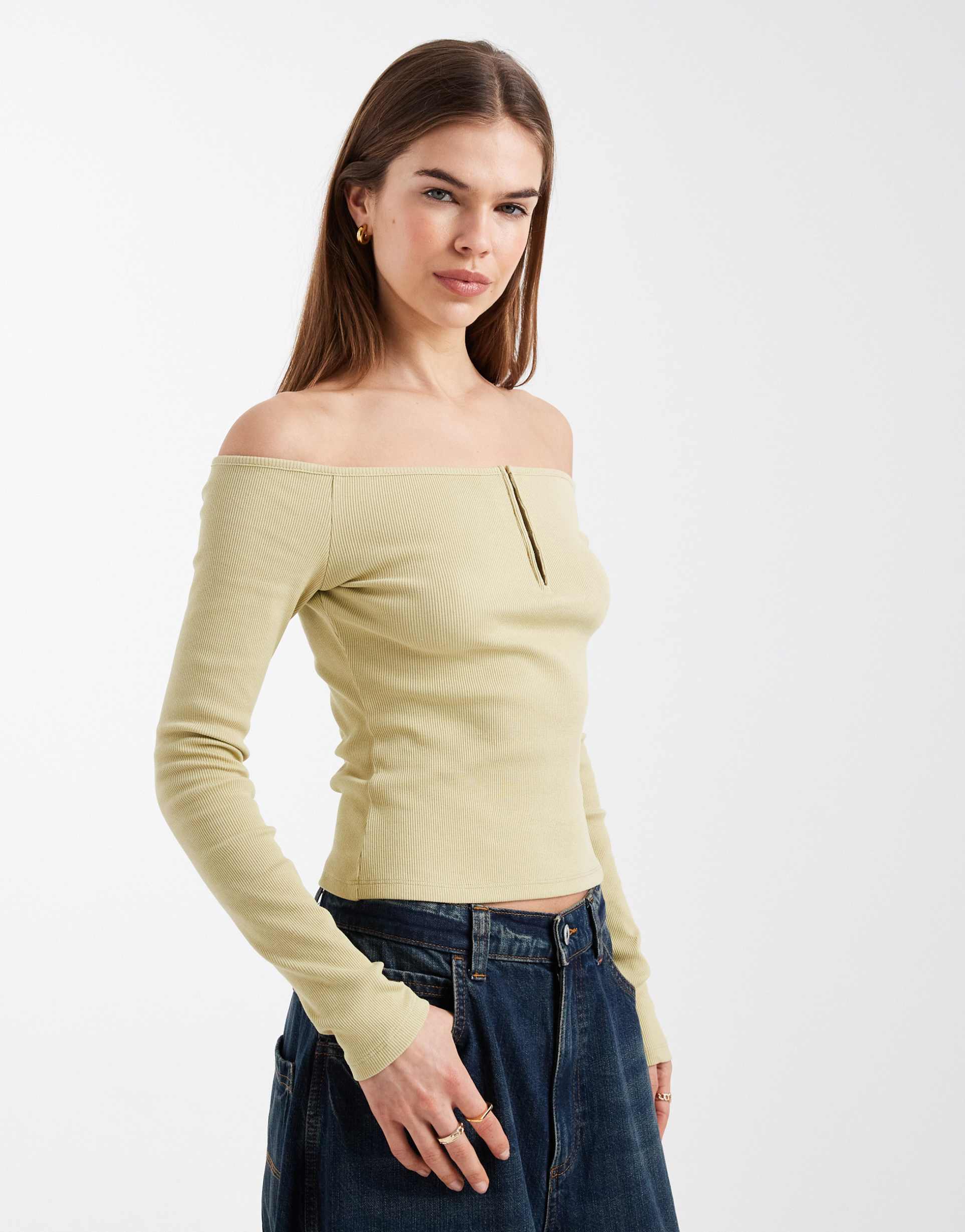 asos design off shoulder top with hook and eye detail in lime green
