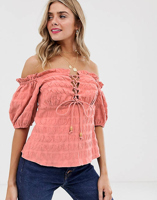 ASOS DESIGN off shoulder top with lace up detail in textured cotton | ASOS