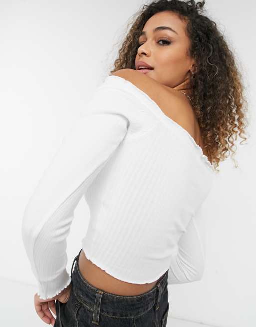 ASOS DESIGN off shoulder top with lettuce edge in rib in white