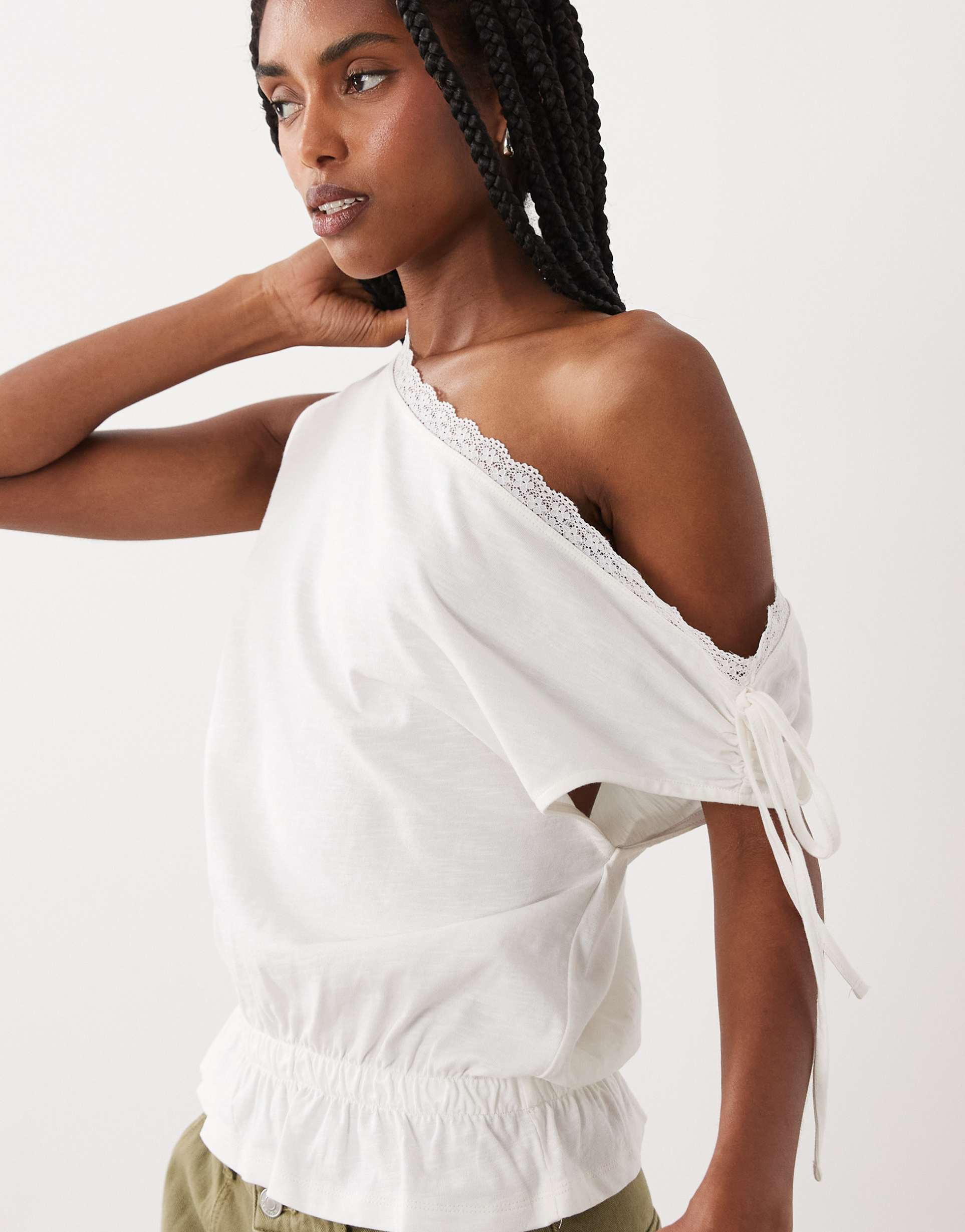 asos design off shoulder top with scallop trim edge and frill hem detail in white