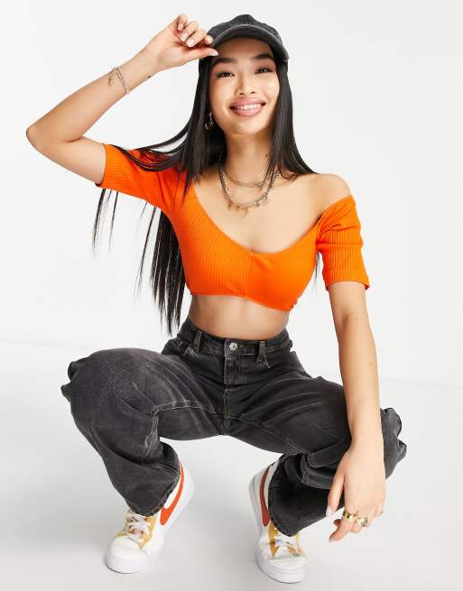 ASOS DESIGN wrap off shoulder crop top in tangerine