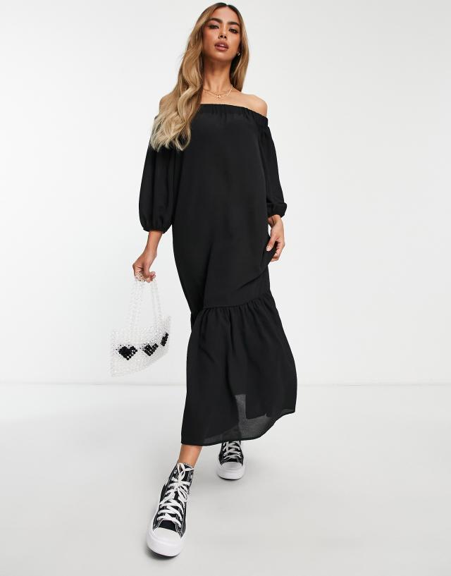 ASOS DESIGN off-shoulder trapeze maxi dress with pephem in black