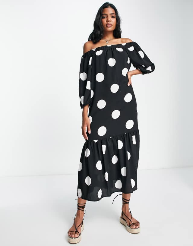 ASOS DESIGN off shoulder trapeze maxi dress with pephem in oversized spot print