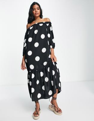 spotty off shoulder dress