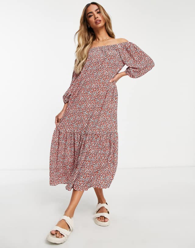 ASOS DESIGN off shoulder trapeze maxi dress with pephem in red animal print