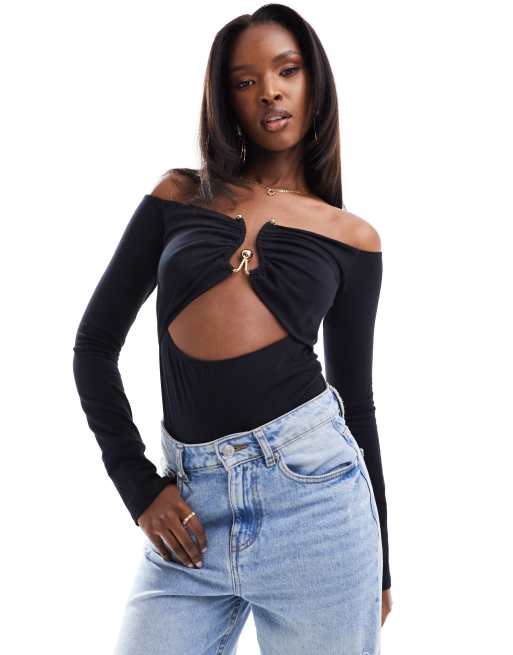 FhyzicsShops DESIGN off shoulder trim detail cut out bodysuit in black