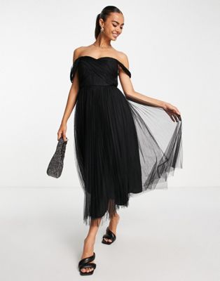 ASOS DESIGN off shoulder tulle midi dress with tie back and pleated skirt in black
