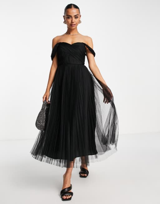 Black tulle pleated midi skirt sale