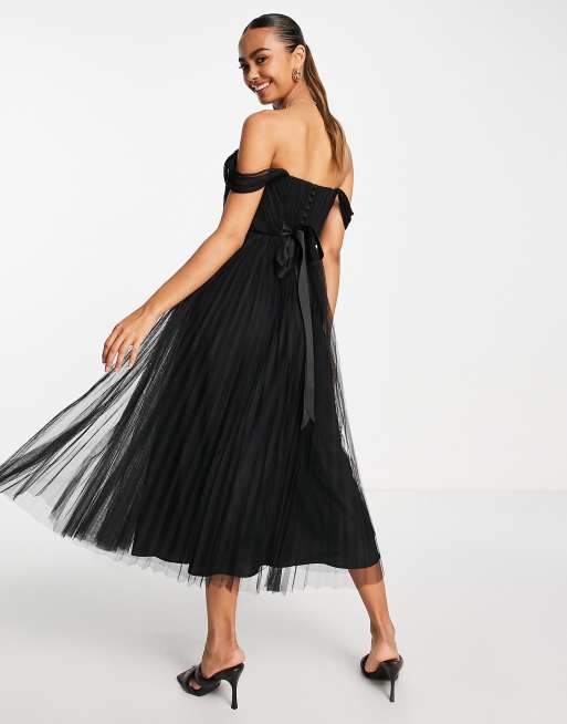 ASOS DESIGN off shoulder tulle midi dress with tie back and pleated skirt in black