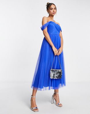 ASOS DESIGN off shoulder tulle midi dress with tie back and pleated ...