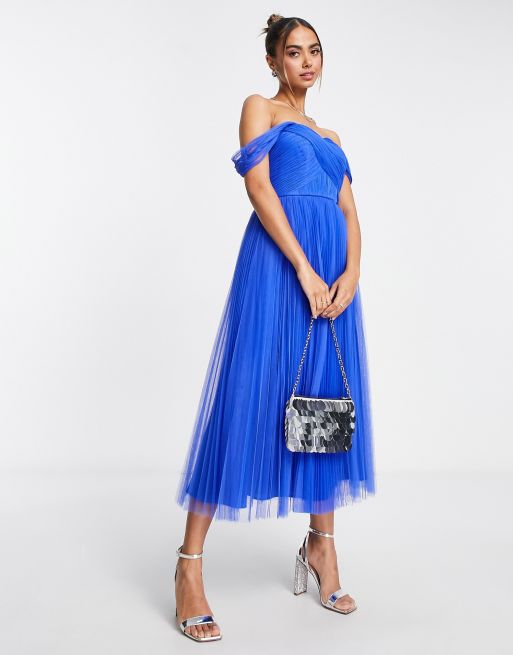 ASOS DESIGN off shoulder tulle midi dress with tie back and pleated skirt in cobalt