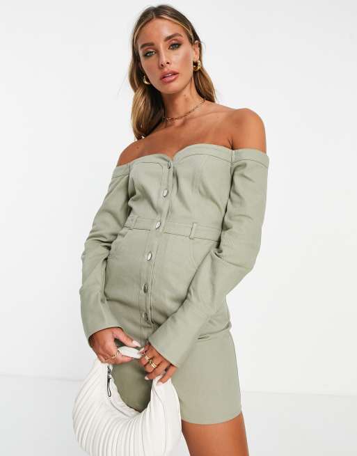 ASOS DESIGN off shoulder twill mini dress in khaki