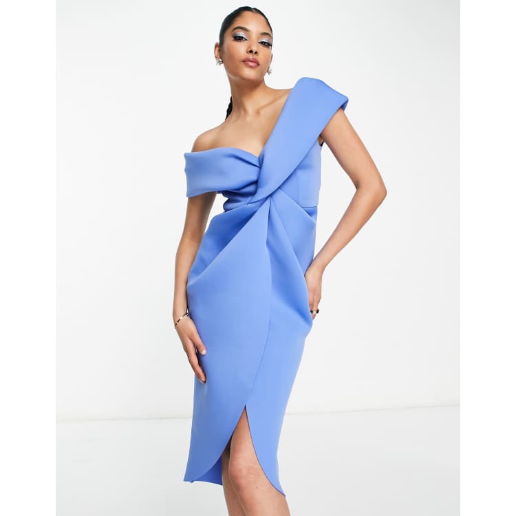 ASOS DESIGN off shoulder twist front midi dress in blue