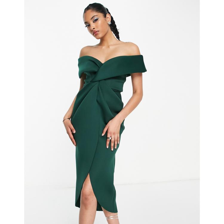 ASOS DESIGN off shoulder twist front midi dress in deep green