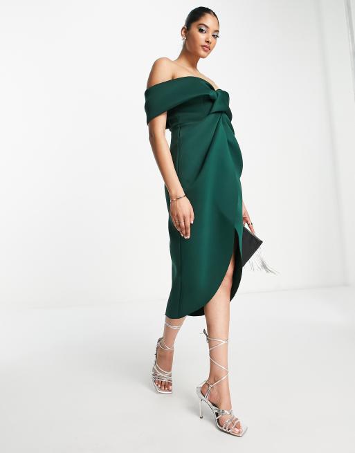 ASOS DESIGN fallen shoulder pleat midi scuba dress in green