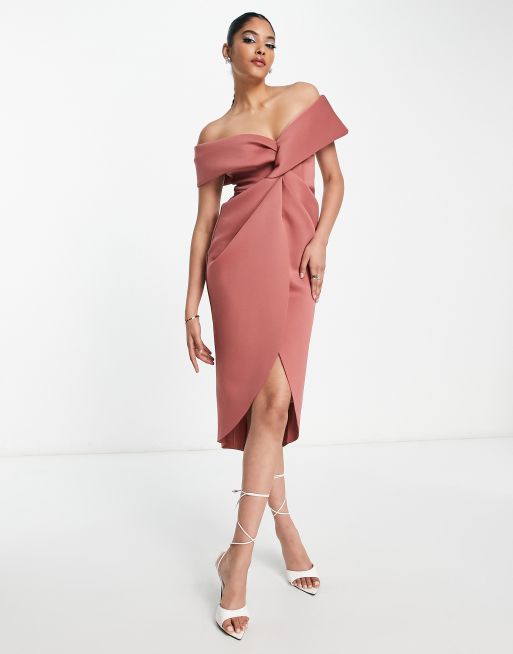 ASOS DESIGN off shoulder twist front midi dress in rose