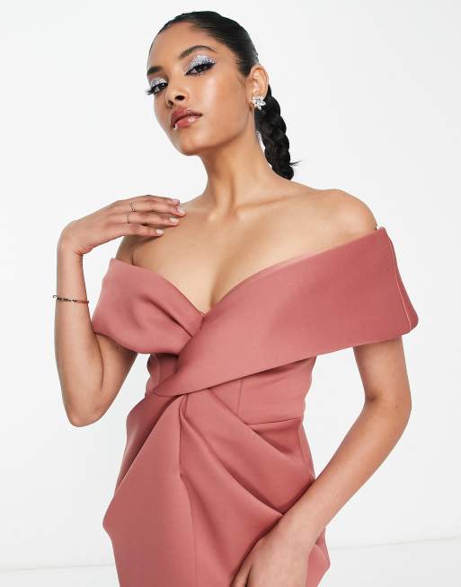 ASOS DESIGN off shoulder twist front midi dress in rose