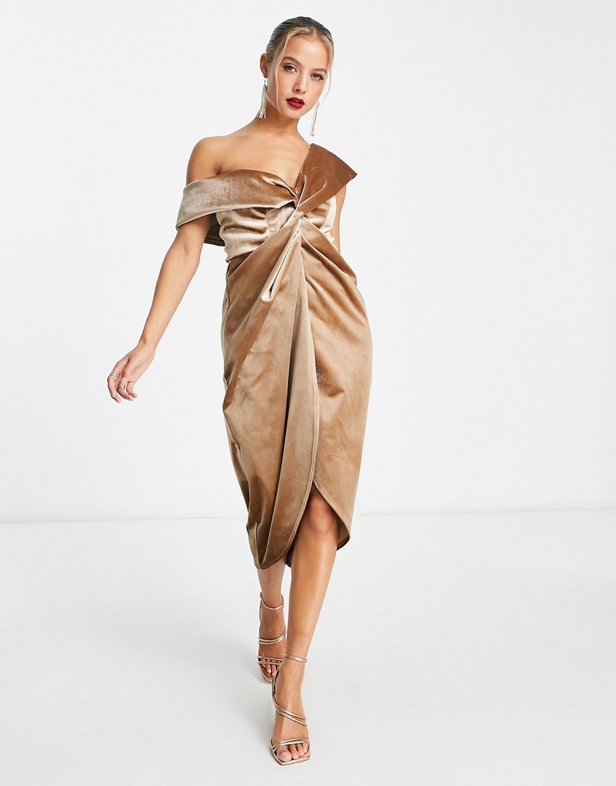Asos Design Off Shoulder Twist Front Wrap Midi Pencil Dress In Camel-brown