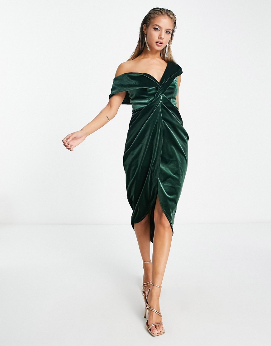 ASOS DESIGN off shoulder twist front wrap velvet midi dress in khaki-Green