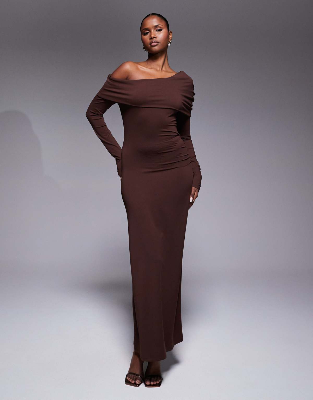 ASOS DESIGN off shoulder twist maxi dress in chocolate