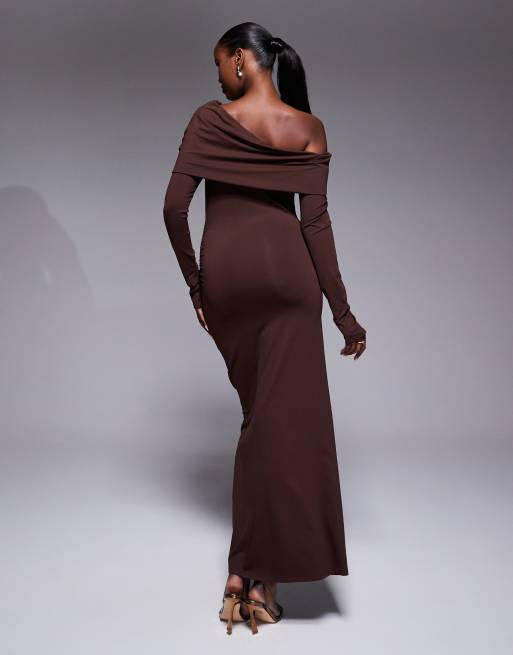 ASOS DESIGN off shoulder twist maxi dress in chocolate