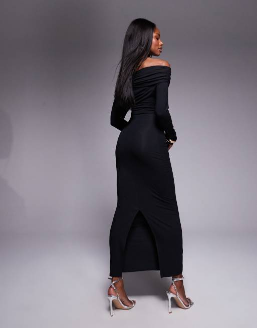 ASOS DESIGN off shoulder twist midi dress with long sleeves in black