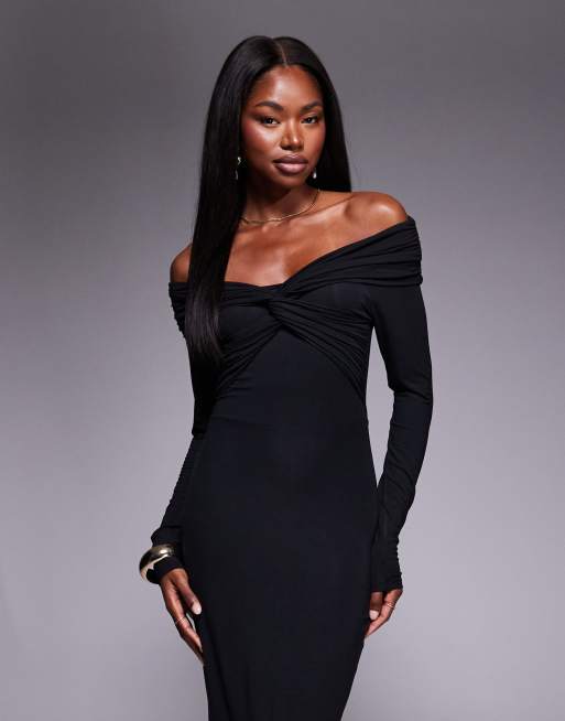 ASOS DESIGN off shoulder twist midi dress with long sleeves in black