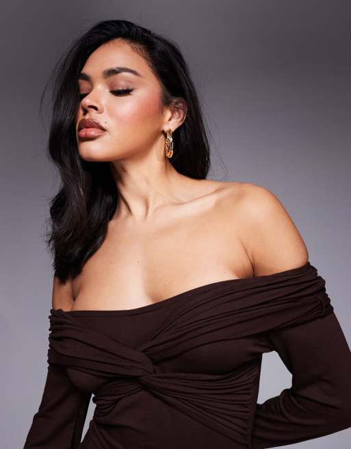 ASOS DESIGN off shoulder twist midi dress with long sleeves in chocolate