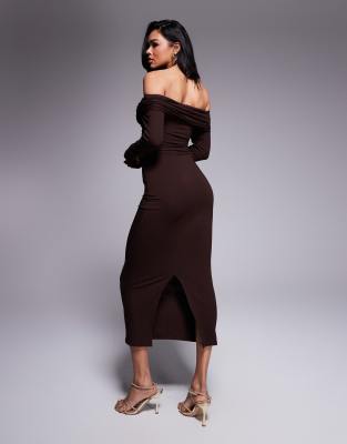 asos design off shoulder twist midi dress with long sleeves in chocolate