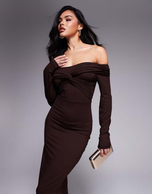 ASOS DESIGN off shoulder twist midi dress with long sleeves in chocolate