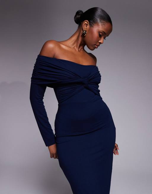 ASOS DESIGN off shoulder twist midi dress with long sleeves in navy