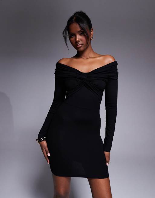 ASOS DESIGN off shoulder twist mini dress with long sleeves in black - BLACK, 4 of 4