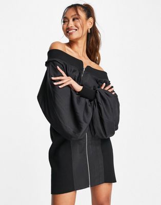 ASOS DESIGN off shoulder utility dress with ribbed panels in washed black