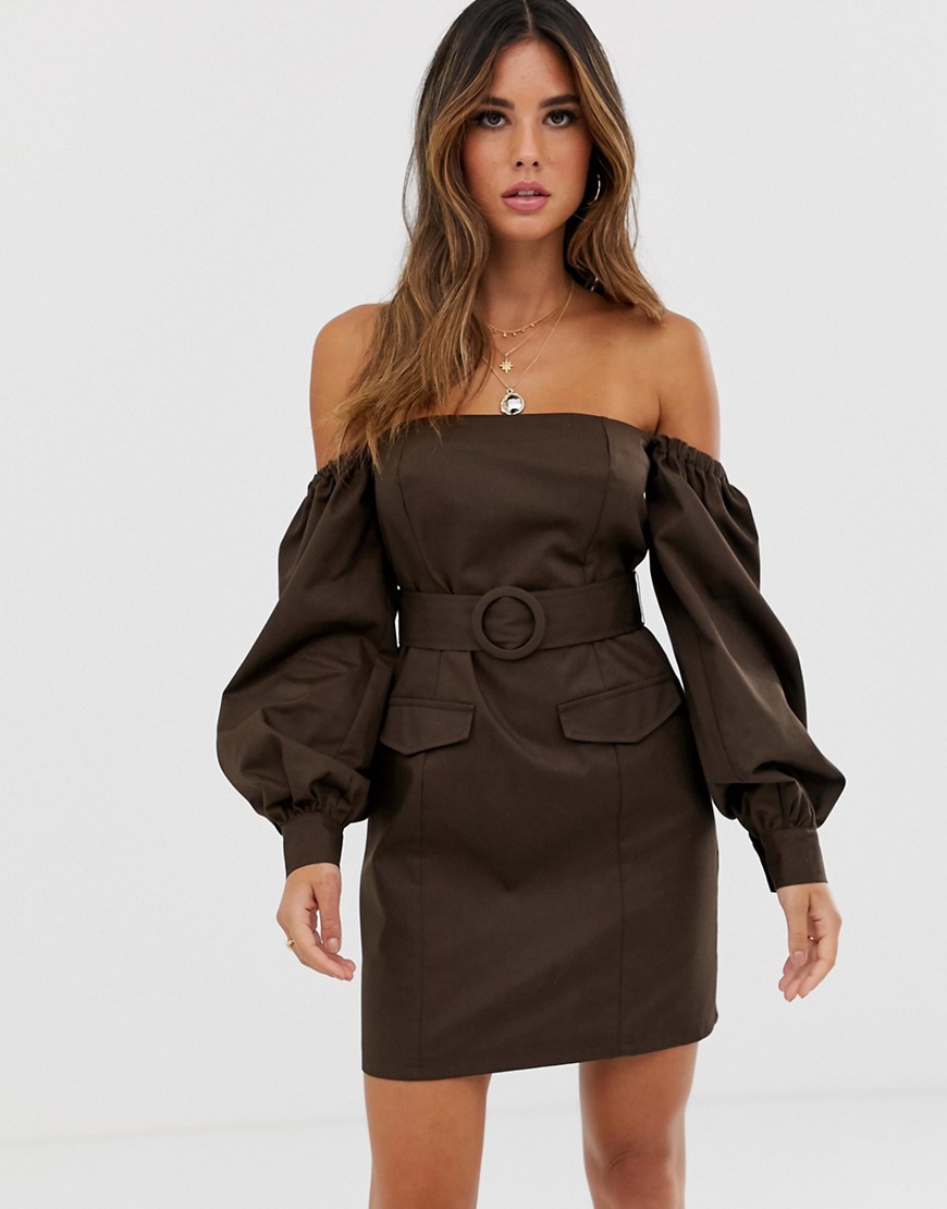 ASOS DESIGN off shoulder utility mini dress with pockets-Brown