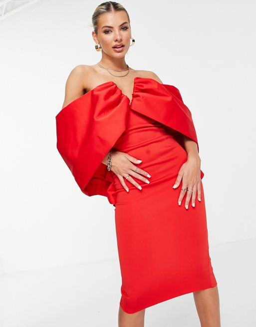 ASOS DESIGN off shoulder V wire draped sleeve midi pencil dress in red ...