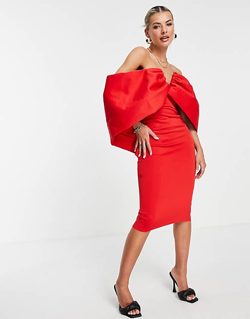 ASOS DESIGN off shoulder V wire draped sleeve midi pencil dress in red |  ASOS