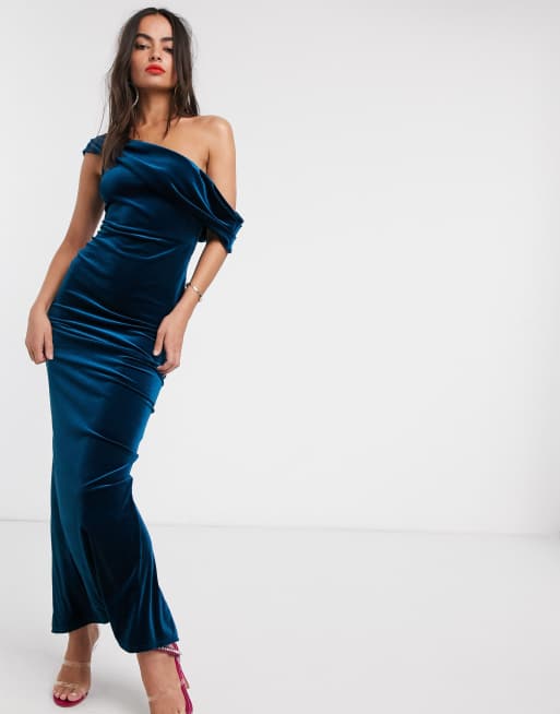 Blue velvet off on sale the shoulder dress