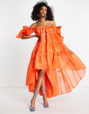 ASOS DESIGN off shoulder voile maxi dress in orange