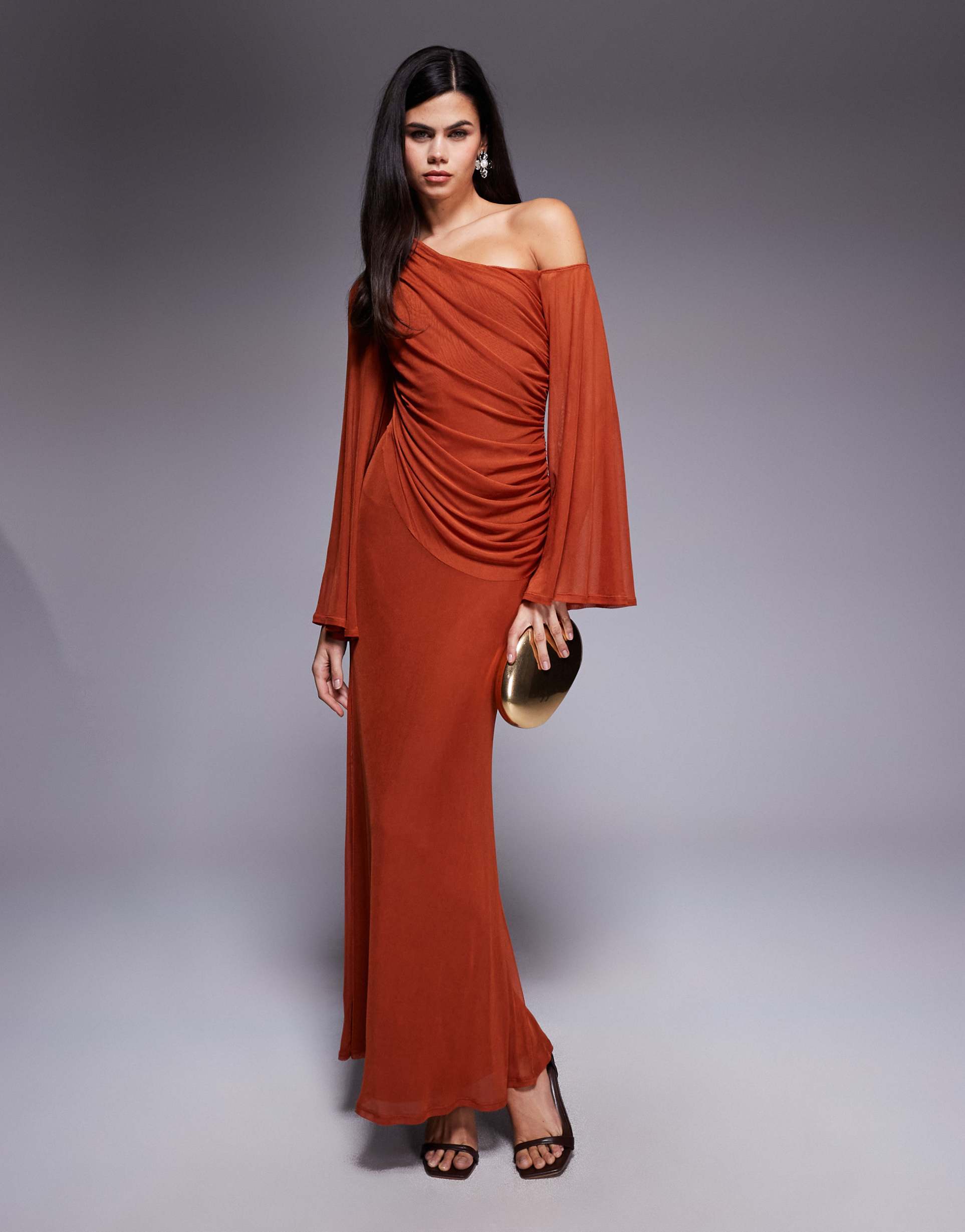 asos design off shoulder wide sleeve draped maxi dress in rust
