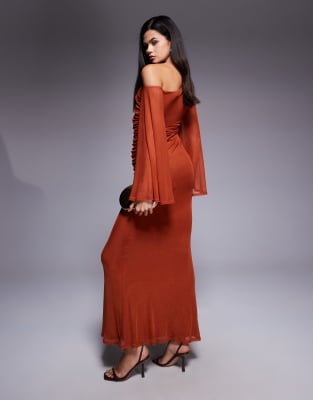 Asos Design Off Shoulder Wide Sleeve Draped Maxi Dress In Brown