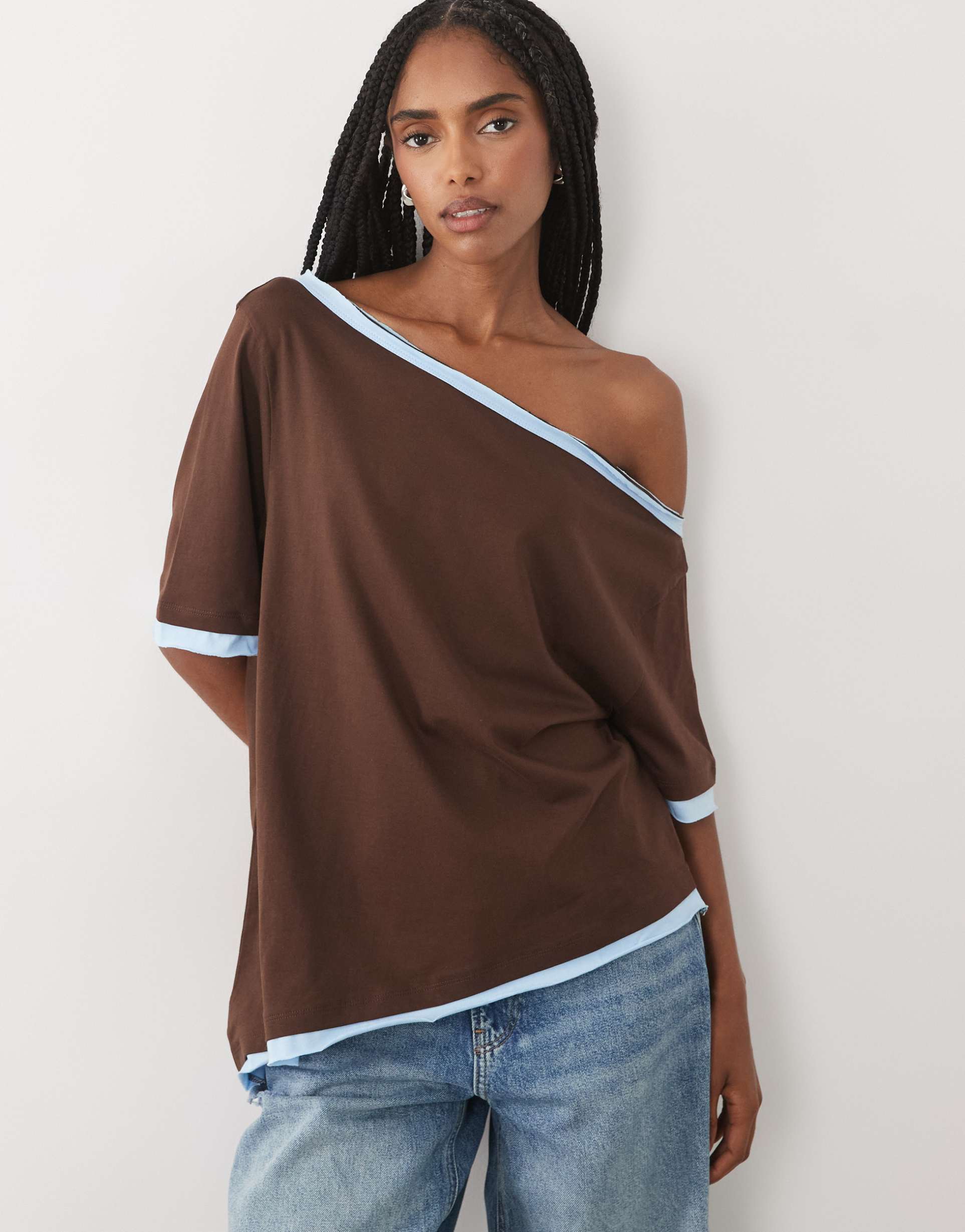 asos design off-shoulder with contrast top in brown and blue