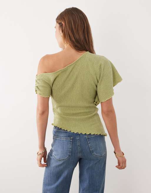ASOS DESIGN off shoulder with frill detail top in green, 4 of 4