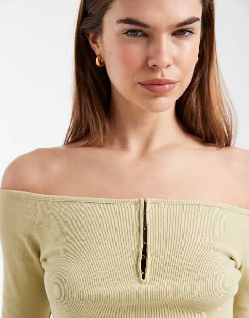 ASOS DESIGN off shoulder with hook and eye detail top in lime green, 3 of 4