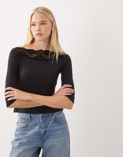 ASOS DESIGN off shoulder with lace trim long sleeve top in black - view 1